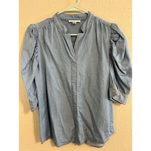 John Paul Richard Women Blue Lyocell Puff Sleeve Split Neck Blouse Sm Denim Look